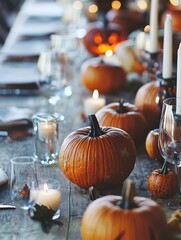 Fototapeta premium Cozy Autumn Table Setting with Pumpkins and Candles for Fall Celebration