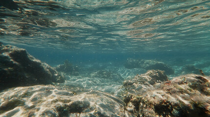 Obraz premium Underwater rocky shallows, sunlit, coral reef, calm water