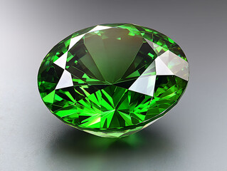 Fototapeta premium Luminous green gemstone, brilliantly cut, rests on a sleek gray surface. Its facets sparkle, evoking luxury, wealth, and natural beauty. Perfect for jewelry, luxury, or success concepts.