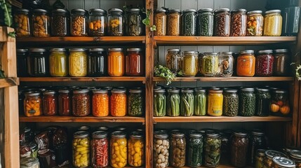 A Well-Stocked Pantry: Rows of Preserved Goods in Glass Jars