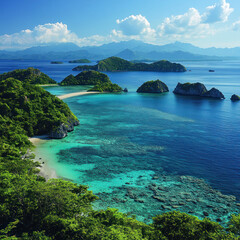 Fototapeta premium Behold mesmerizing panorama of an archipelago, where ethereal dance between land and sea unfolds, showcasing a of diverse habitats and beckoning adventurers to embark on a captivating journey through