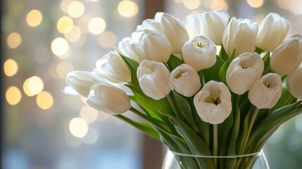 bunch of white tulips on the window . ai generated