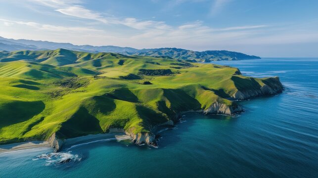 Sonoma Coast Aerial View: Stunning Pacific Ocean shoreline with hills and green mountains near Jenner, California