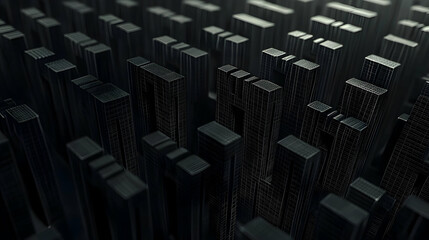 Fototapeta premium Dense city skyline, aerial view, futuristic architecture, dark tones, background blur, urban development illustration