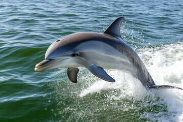 Fototapeta premium A dolphin riding the bow wave of a boat, leaping joyfully through the surf