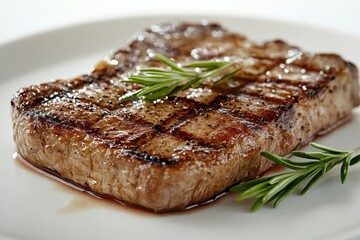 Grilled Steak with Fresh Herbs on a White Plate
