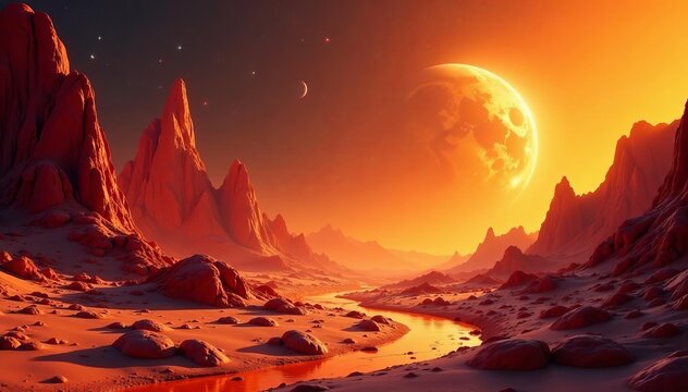 Abstract orange theme of space exploration with vivezium accents, accents, theme