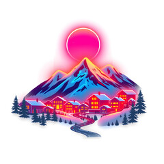 Fototapeta premium Alpine village holographic 3D icon. neon symbol vector illustration isolated on white background. Generative AI