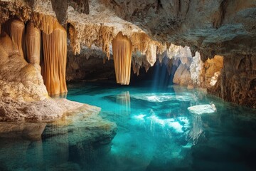 Stunning Underground Cenote with Crystal Clear Water and Flowing Stalactites