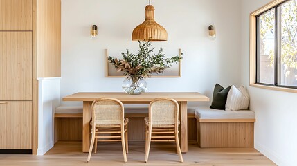minimalist interior bamboo furniture, texture. A cozy dining area featuring natural wooden elements, a woven light fixture, and a decorative plant centerpiece.