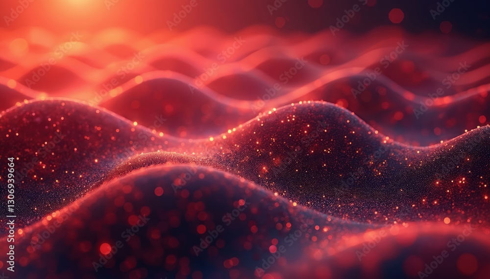 Poster vibrant abstract red, orange wave pattern background. flowing digital data grid, network connection,