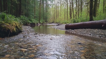 Obraz premium Tranquil Forest Stream, Sunlight Reflecting on Clear, Flowing Waters