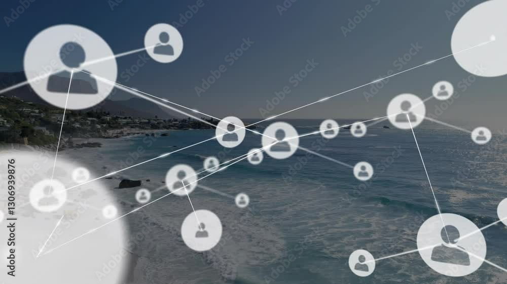 Aufkleber network of connections and data processing animation over coastal landscape