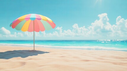 A colorful beach umbrella casting shade on the sand, bright blue ocean in the background, relaxing and inviting atmosphere, ultra-realistic, vibrant colors, 4K.