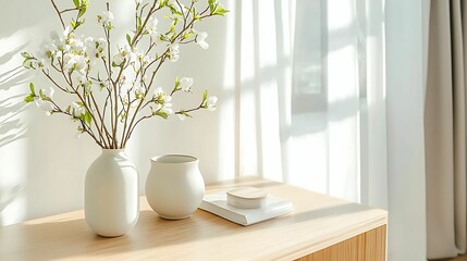 minimalist interior bamboo furniture, texture. A serene interior scene featuring two vases with flowers atop a wooden table, bathed in soft natural light.