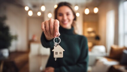 Happy homeowner holding new house keys, symbolizing a fresh start and real estate success

