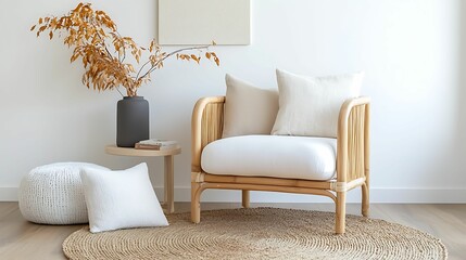 minimalist interior bamboo furniture, texture. A cozy, modern living space featuring a rattan armchair, soft cushions, and natural decor elements like a vase and floor rug.