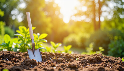 Garden spade resting on rich soil in terraced garden, gardening inspiration