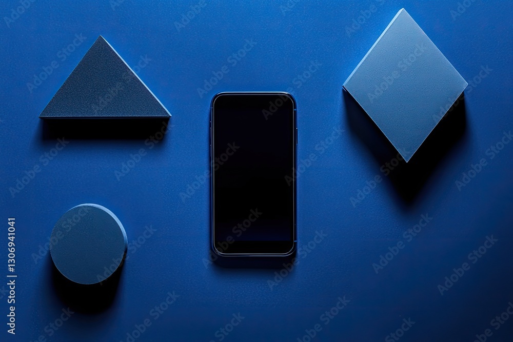 Poster smartphone displayed with geometric shapes on a blue background a flat lay composition featuring a m