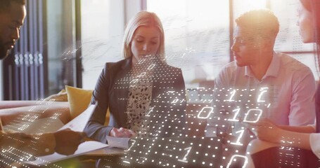 Business meeting with digital binary code animation overlaying diverse professionals - Powered by Adobe