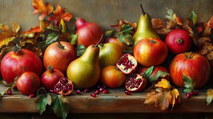 A fall fruit harvest scene with fresh apples, pears, and pomegranates, vibrant and rustic, ultra-detailed, 8k