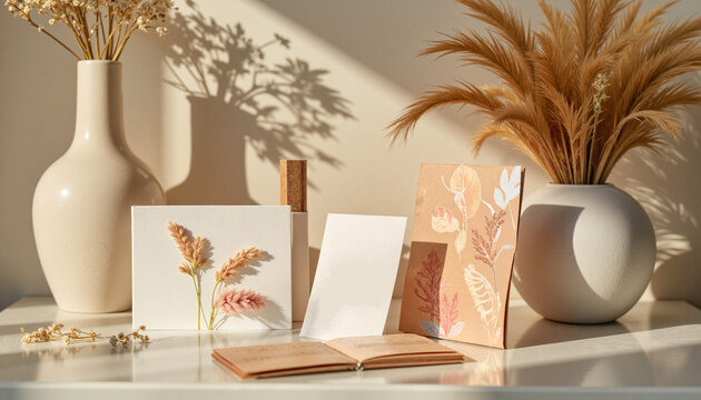 Elegant display of embellished botanical cards with vases, serene style