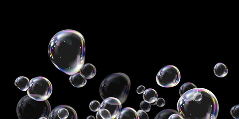 Colorful glowing bubbles with a holographic shine, floating weightlessly in the air. Transparent and reflective, they create a magical and delicate atmosphere with light refractions.