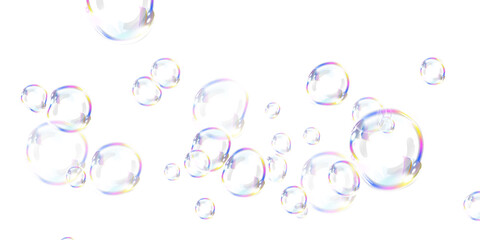Transparent bubbles with iridescent hues drift in the air on a white background. The light reflections give them a dreamy, magical appearance, perfect for backgrounds or designs.