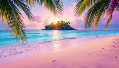 Tropical beach paradise with palm trees and a small island at sunset