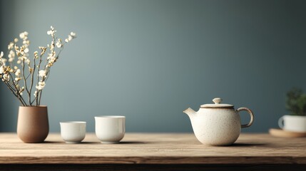 Fototapeta premium Elegant Still Life Featuring Teapot and Teacups on Wooden Table with Minimalist Decor and Soft Color Palette