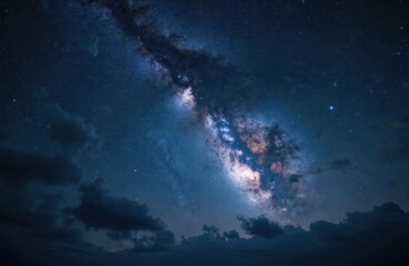 Nightsky with Milky Way lights. Space background shows dark universe with cosmic nebula. Blue starry sky, violet tones, astronomy, science, galaxy, science fiction themes, ideal to show science