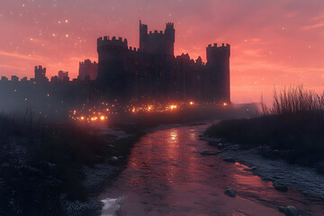 Fototapeta premium Silhouette Castle By River At Sunset