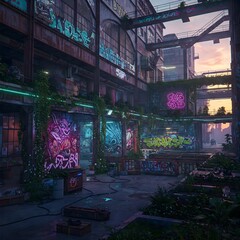 Cyberpunk Industrial Courtyard with Graffiti and Neon Lights, Atmospheric Digital Art