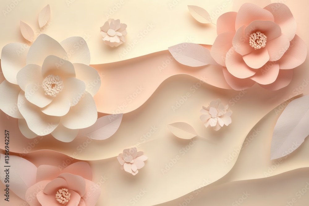 Poster delicate paper art background with pastel flowers and wavy layers for elegant designs and beautiful 
