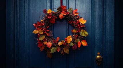 A fall wreath made of twigs, berries, and colorful leaves hanging on a door, inviting and festive, ultra-detailed, 8k