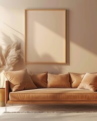 A modern living room with a beige couch. a large empty picture frame hanging on the wall. and a tall plant in a pot on the floor The room is bathed in warm sunlight