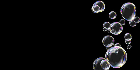 Colorful glowing bubbles with a holographic shine, floating weightlessly in the air. Transparent and reflective, they create a magical and delicate atmosphere with light refractions.