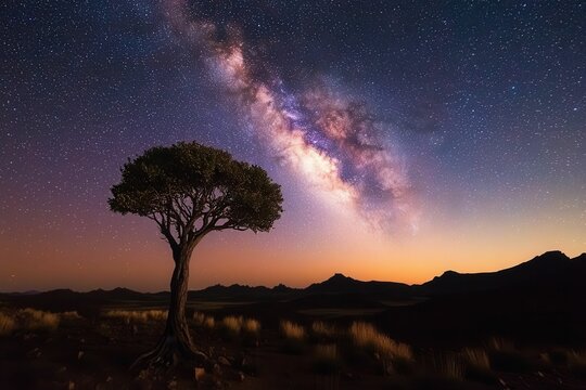 Startrails. Amazing Night Sky Landscape with Quivertree in Namibia
