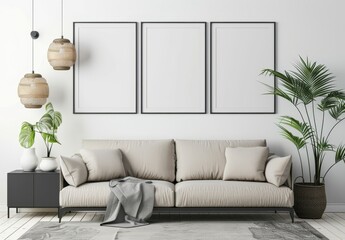 Minimalist living room interior with beige sofa. three empty picture frames. two hanging lamps. a plant on the right and another plant on the left. a side table with a vase and a rug on the wooden flo