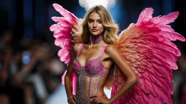 Fashion Model in Pink Feathered Wings and Lingerie Walks the Runway at a Fashion Show