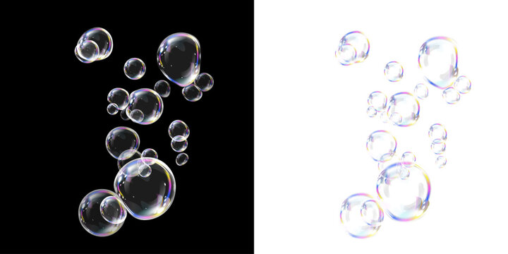Transparent soap bubbles floating in the air, reflecting iridescent light with a realistic 3D effect on black and white backgrounds. Soft reflections, rainbow glow, and dreamy aesthetics.