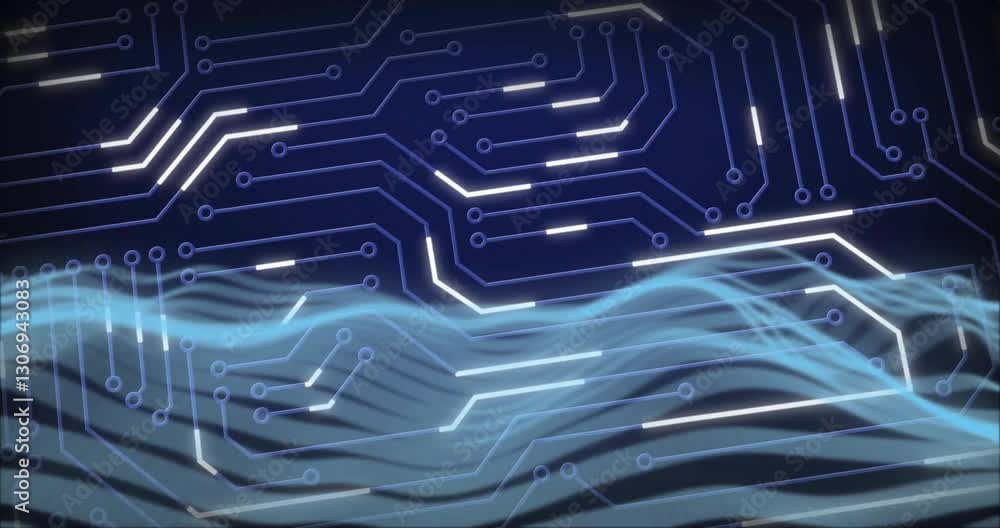 Poster glowing lines in abstract circuit pattern flowing over blue waves animation