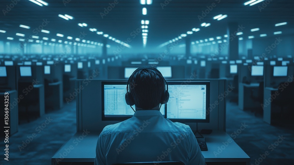 Poster a person wearing headphones sits at a computer in a dimly lit office filled with rows of monitors, c