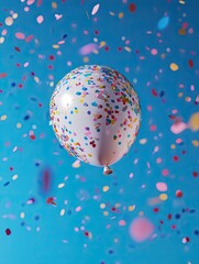 Fototapeta premium Festive balloon explosion amidst swirling confetti against azure backdrop