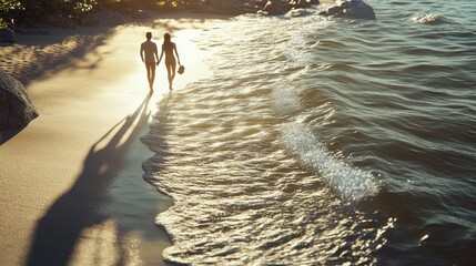 A couple walking hand in hand along the shoreline, warm sunlight casting long shadows, waves gently washing over their feet, romantic beach scene, ultra-realistic, 4K.