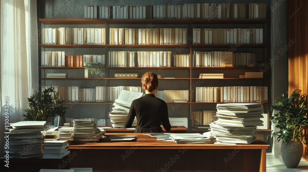 Poster a person seated at a desk in a cluttered workspace surrounded by stacks of papers and a wall of book