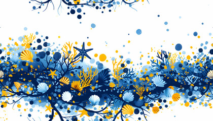 Blue and Gold Watercolor Seascape with Coral and Shells