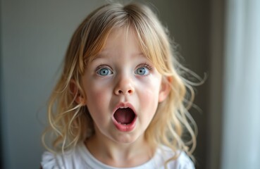 Close-up of cute blond little girl with open mouth and amazed expression. Child looks surprised, shocked and curious, keeps mouth wide open. Adorable female kid face.