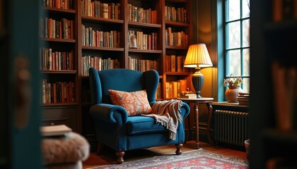 Cozy reading nook with bookshelf armchair lamp. Home library interior with comfortable blue armchair, soft pillow, blanket. Warm light from vintage lamp. Bookworm relax in house, enjoy reading