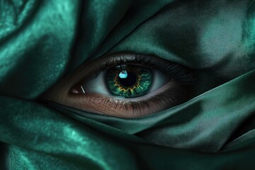 Naklejka premium A Single Green Eye Partially Hidden Behind Emerald Silk Fabric Mysterious Woman Gaze Closeup Photography
